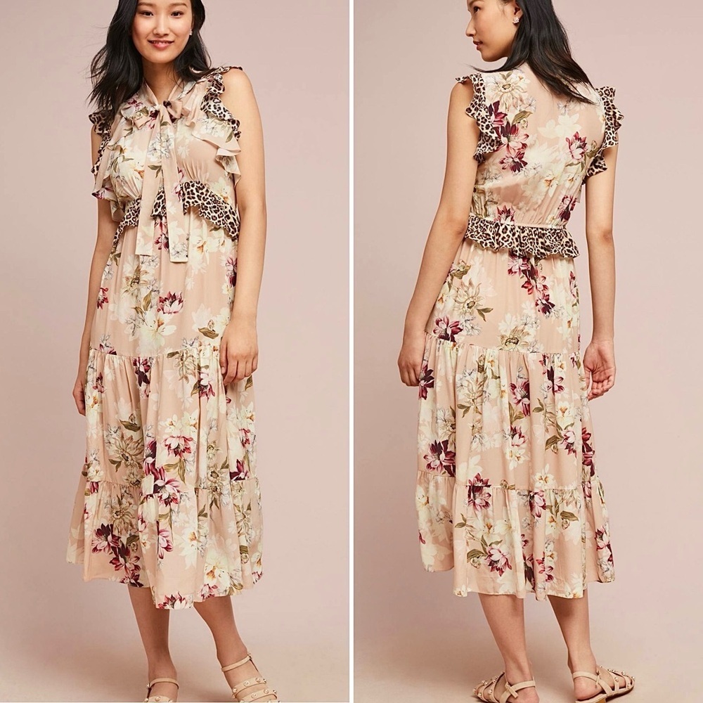 ANTHROPOLOGIE KACHEL Silk Sedona Sunrise Floral Maxi Dress 6P pink beige ruffle
